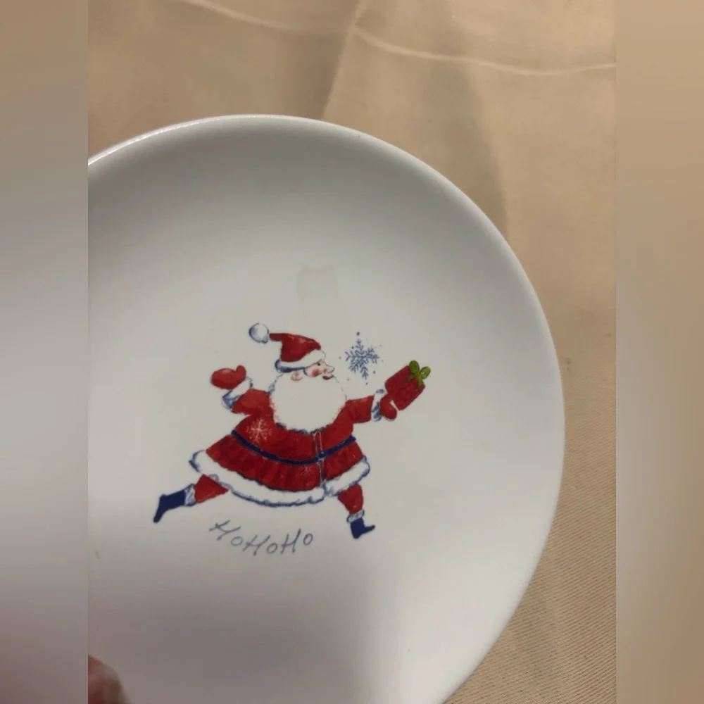 Pier 1 Imports Christmas Appetizer 4 Plates Holiday Theme 6” Santa, Snowman Flaw